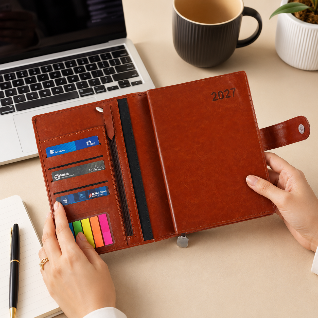 Title: Premium 2027 Leatherette 6 Ring Business Organizer with Card Slots & Zipper Pocket