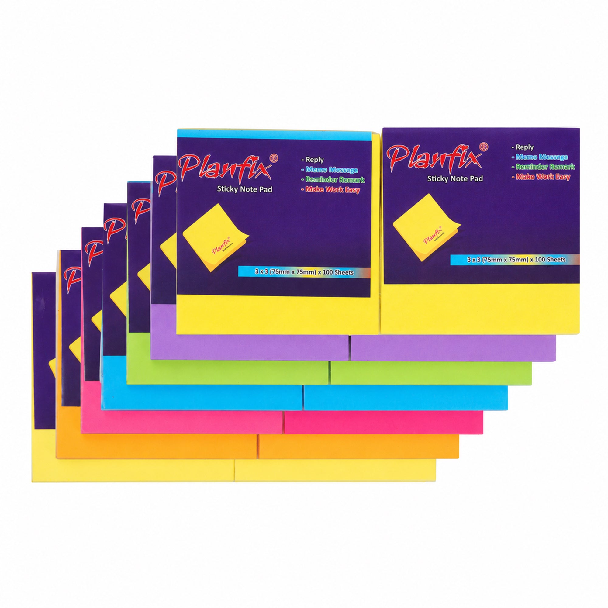 Planfix 3 x 3 Inch Sticky Note Pad – 100 Sheets – Bright Colours