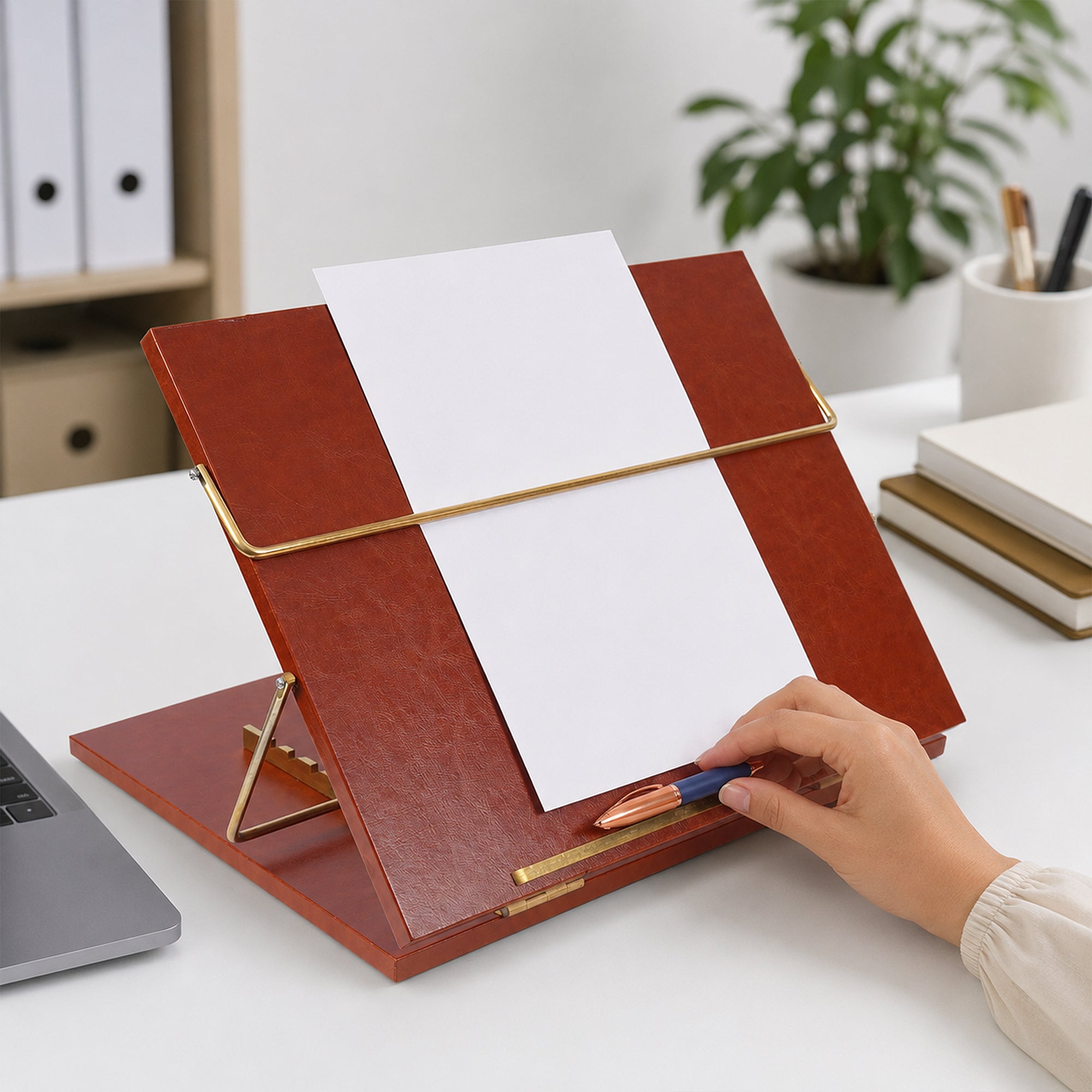 Adjustable Wooden Reading & Writing Stand with Document Holder | Premium Leather Finish Desk Stand