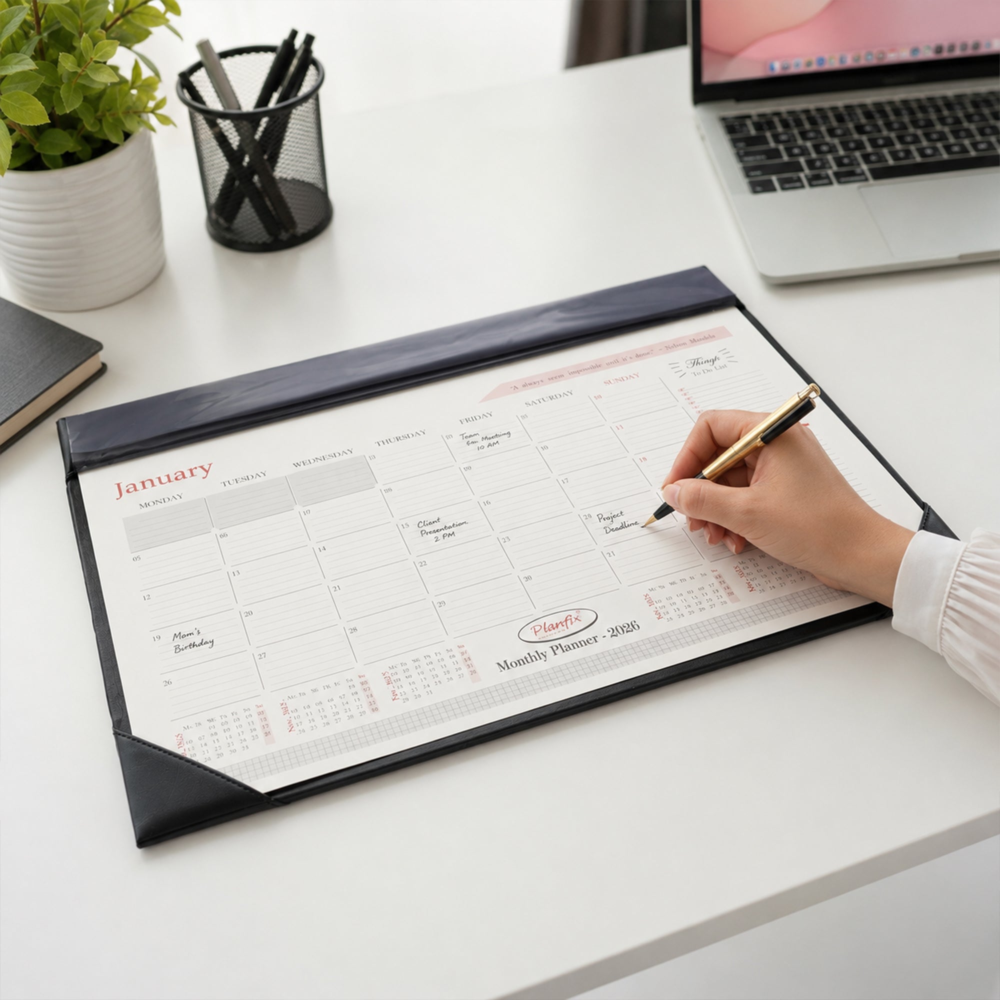 Large Monthly Desk Planner 23x14 Inch with Daily Writing Sections | PU Leather Cover Calendar