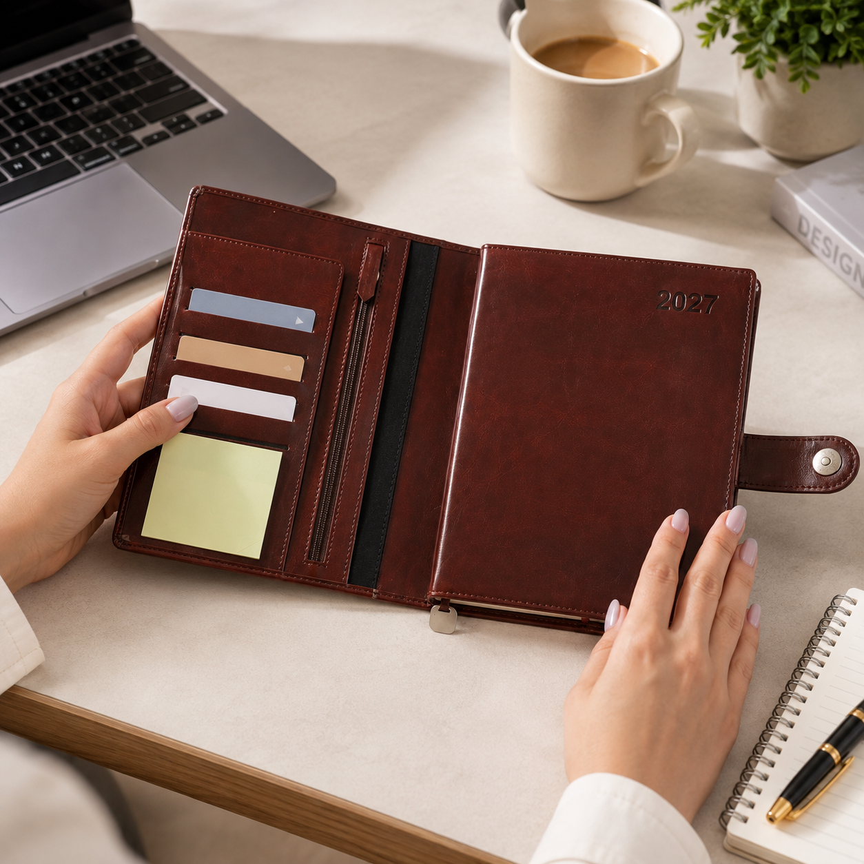 Premium 2027 Leatherette Business Diary with Card Slots, Zipper Pocket & Planner Section