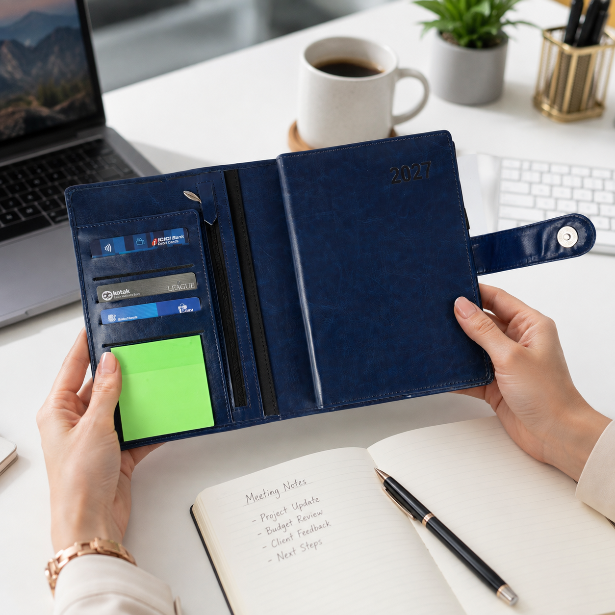 Premium 2027 Leatherette Business Organizer with Card Slots, Zipper Pocket & Sticky Notes