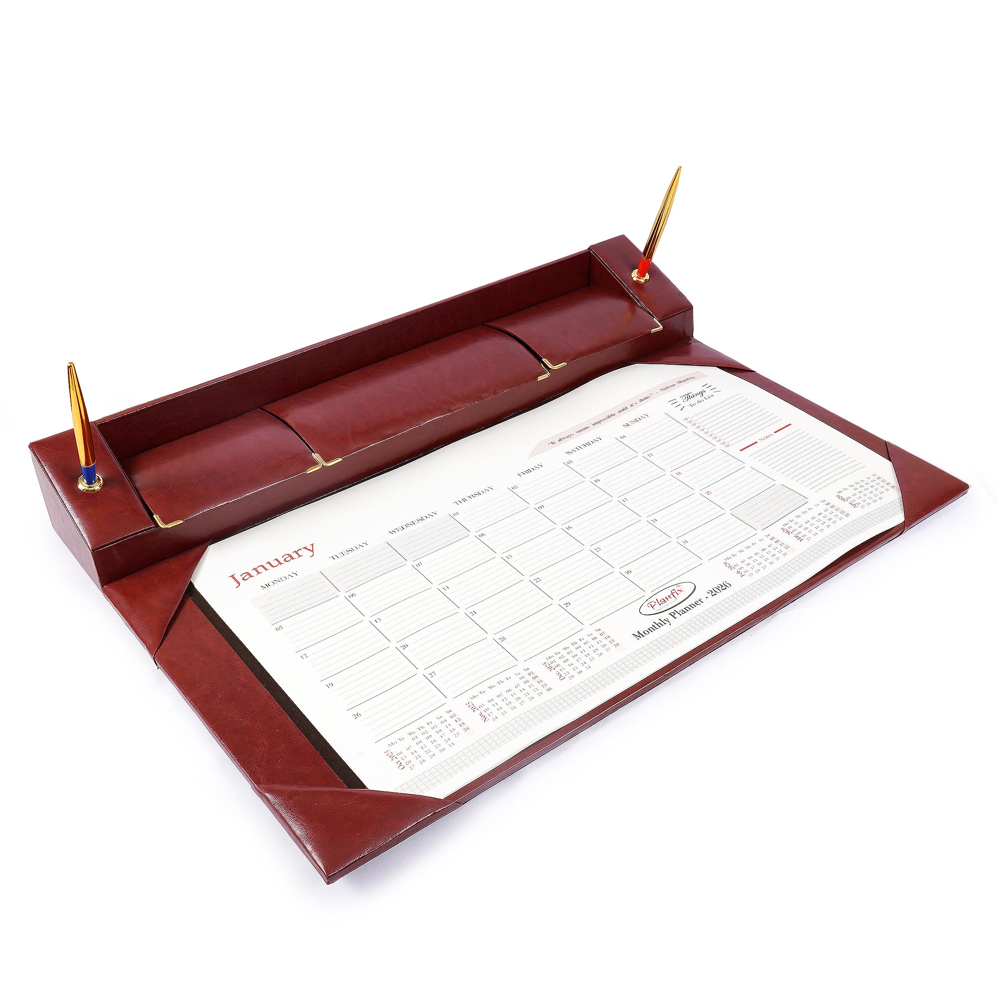 Premium Monthly Desk Planner with Dual Pen Stands & Storage Compartments | PU Leather Organizer