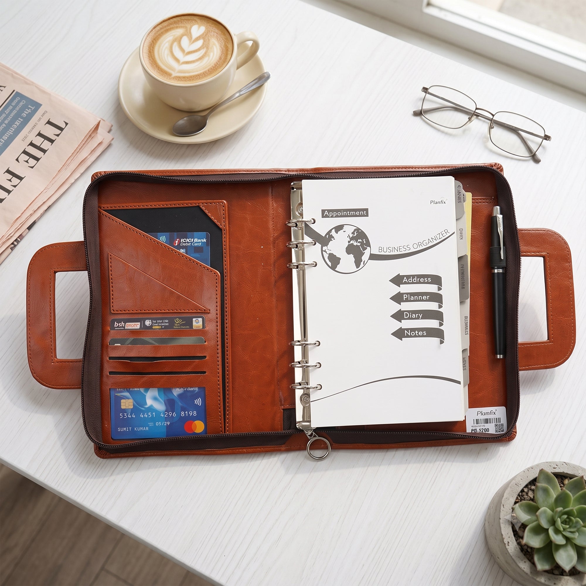 Premium Leather-Look 6 Ring Business Organizer with Carry Handles & Zip Closure | Office Travel Folder