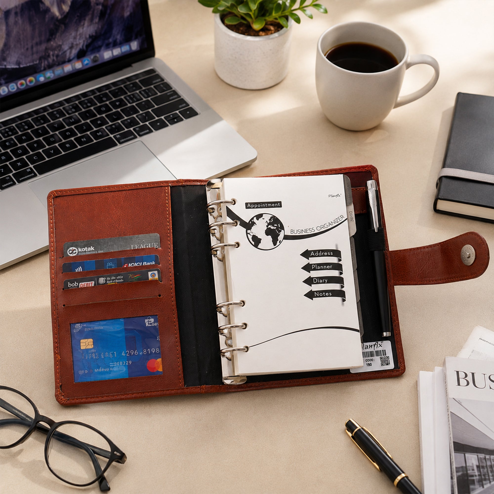Leatherette 6 Ring Business Organizer with Card Slots & Diary Section | Office Planner Folder