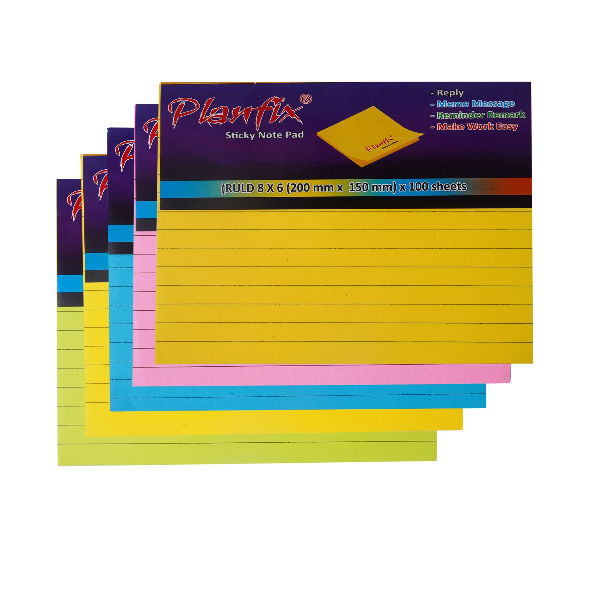 Planfix 8 x 6 Inch Ruled Sticky Note Pad – 100 Sheets