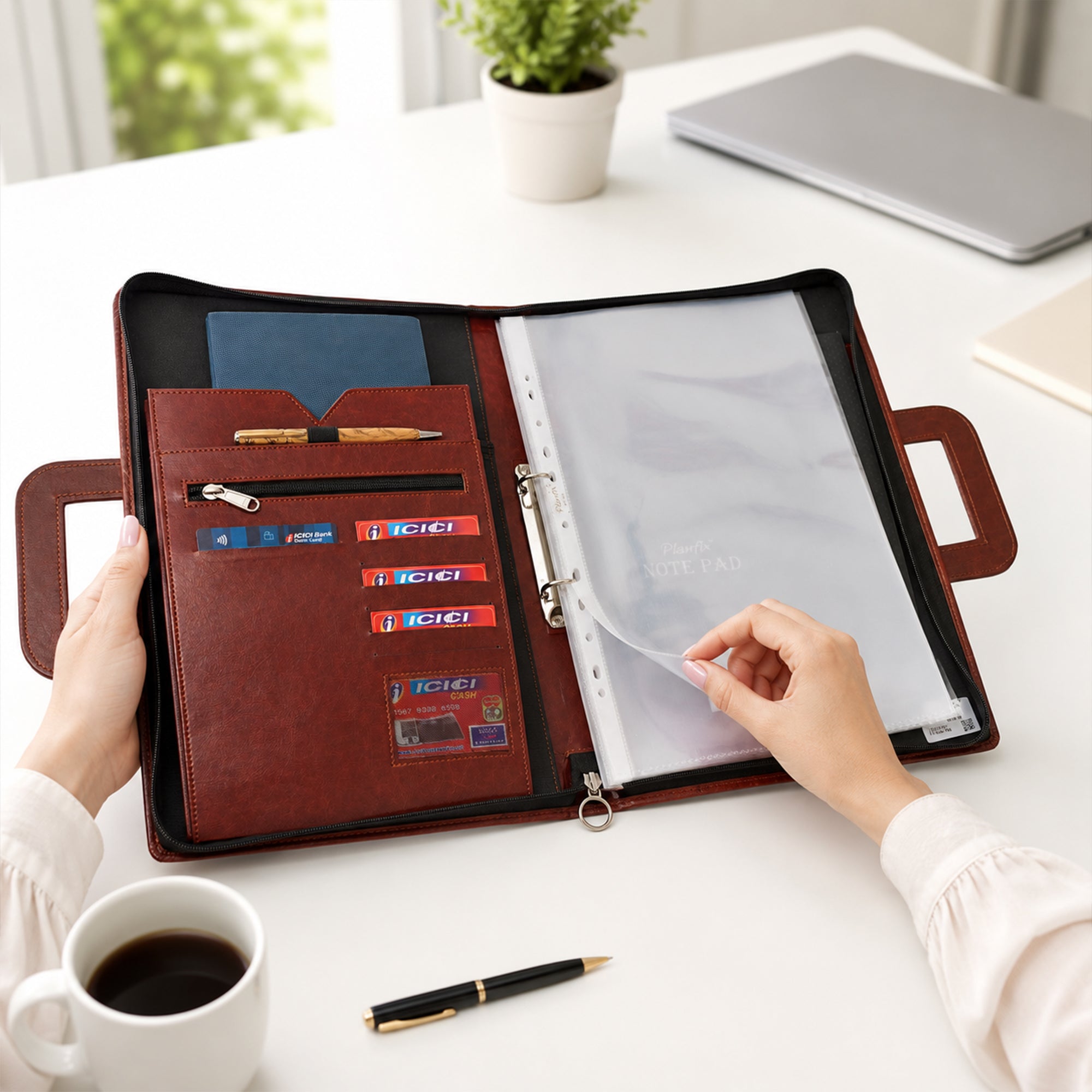 Premium Conference Folder with Handle | Professional Document Organizer for Office, Meetings & Presentations – Black & Brown