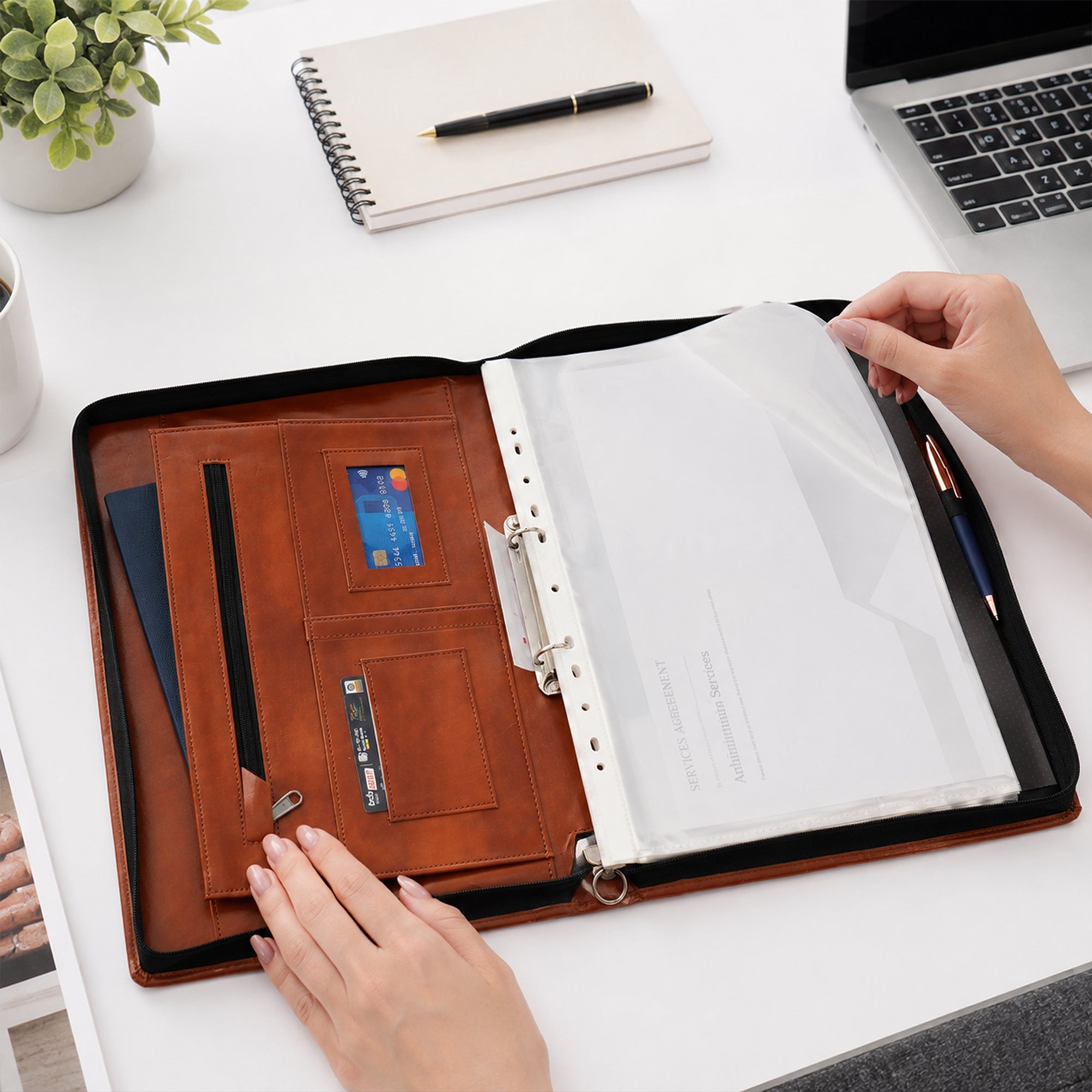Premium Conference Folder for Men & Women | Elegant Document Organizer with Snap Button Closure – Tan & Black