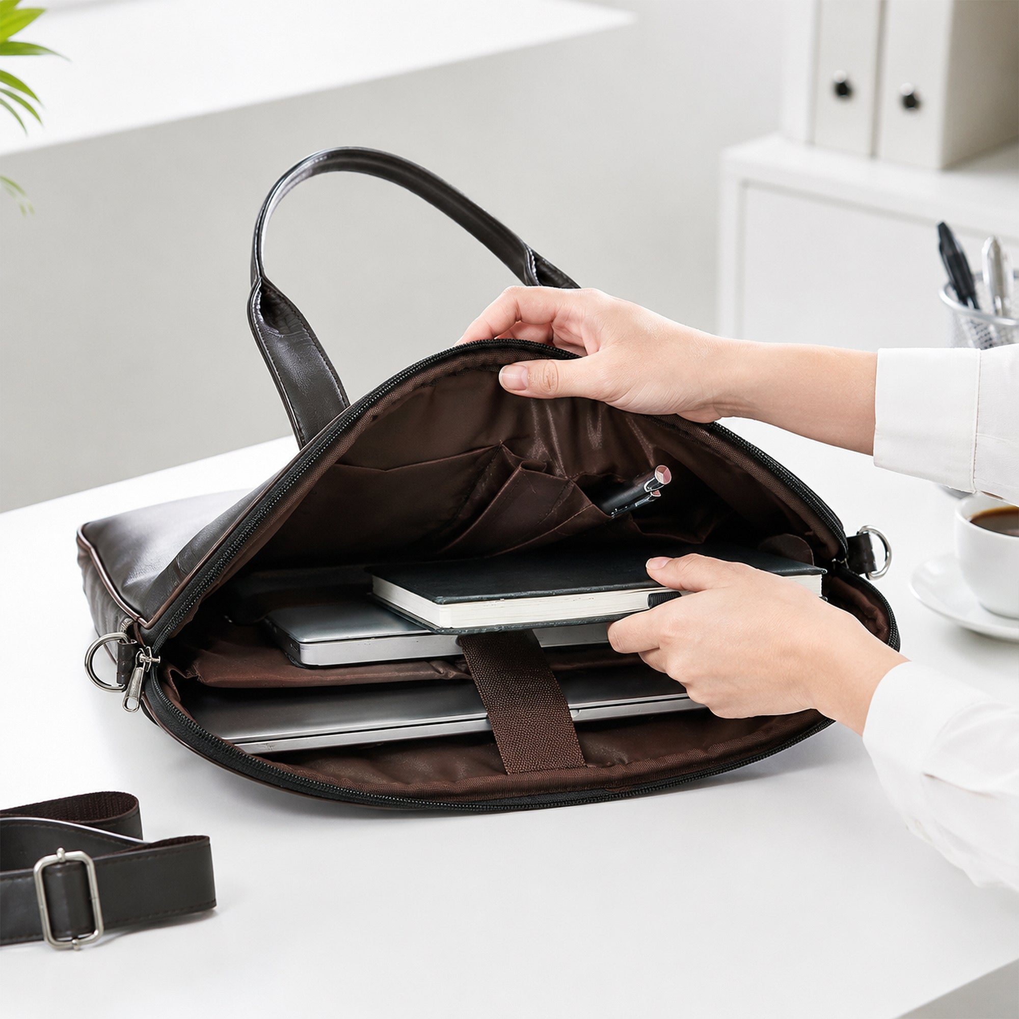 Premium Brown Laptop Office Bag with Adjustable Shoulder Strap & Dual Handles